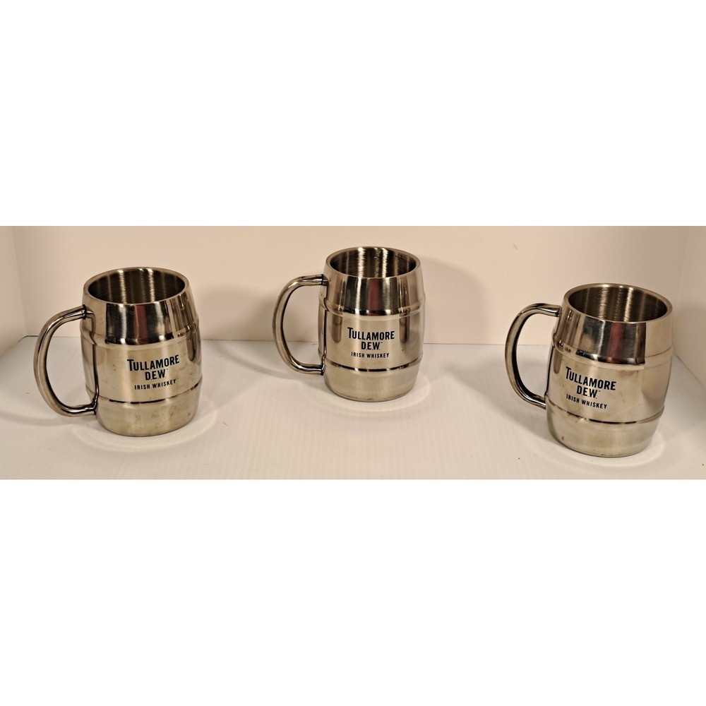 Tullamore Dew Irish Whiskey Stainless Steel Barrel Mugs Set of 3 Silver 5in